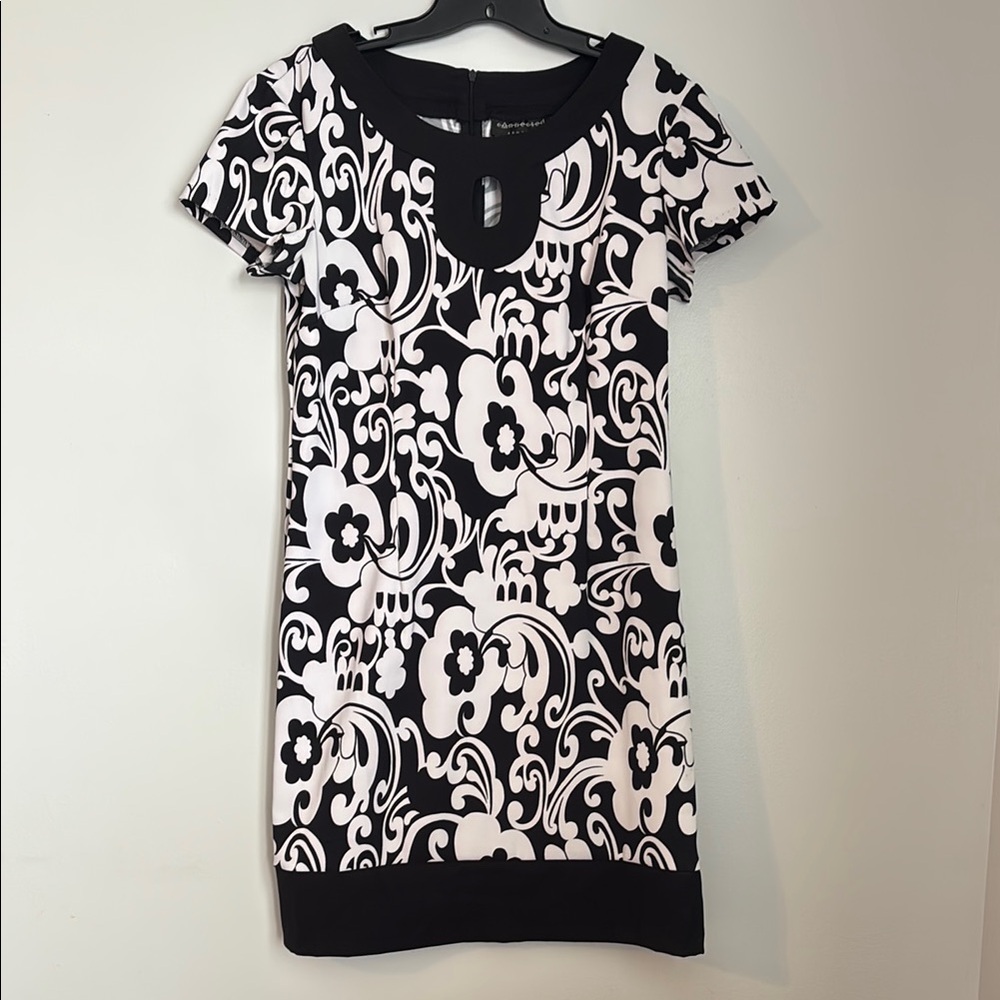 Connected Apparel Black and White Flutter Sleeve Sheath Dress